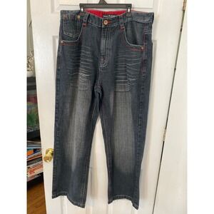 Basic Code Mens Jeans 38x32 Dark Wash Red Contrast Stitch Streetwear Y2K Denim
